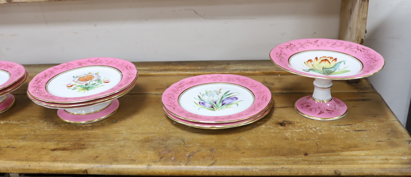 An English porcelain pink ground floral dessert service, late 19th century